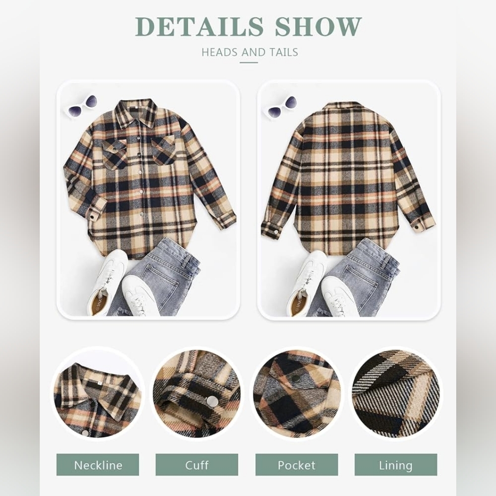 Flannel Button Down Shirt, Boyfriend Long Sleeve, Oversized, Brown/Orange, S - Picture 7 of 17